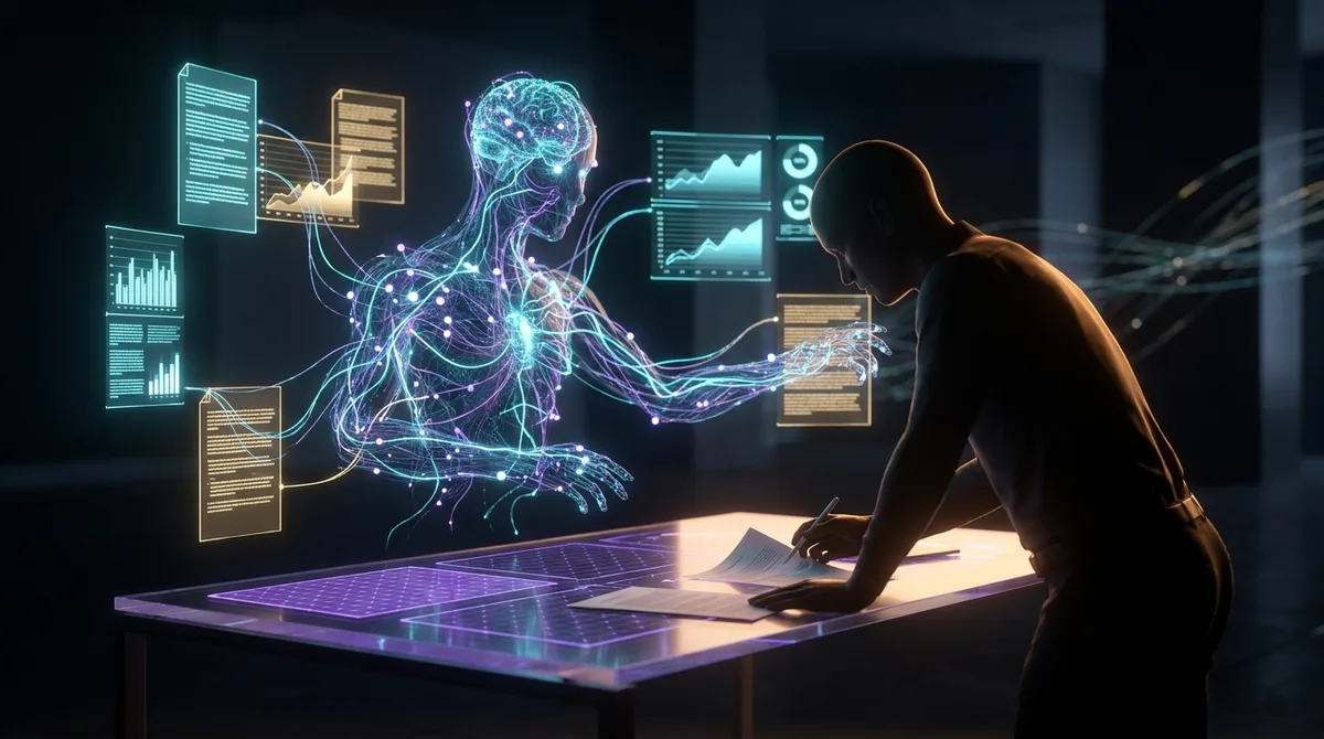 A person examines data visualizations representing a human brain and neural network for AI analysis.