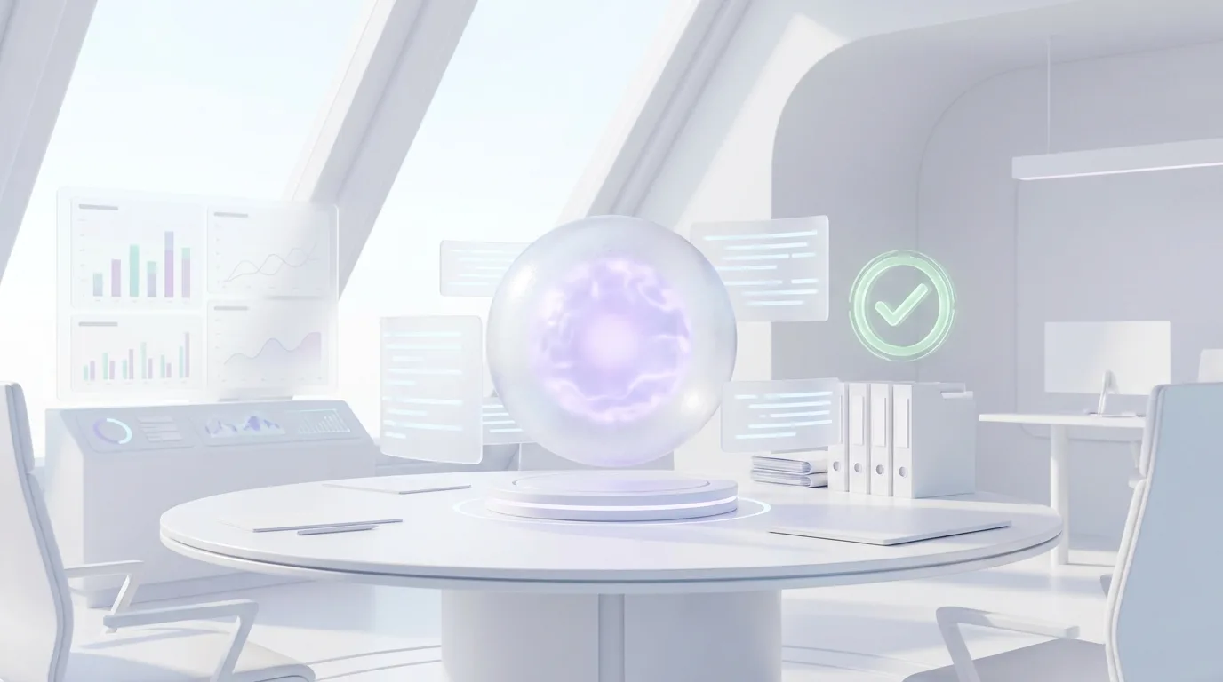 A futuristic laboratory with a glowing orb and digital displays represents responsible ai governance.