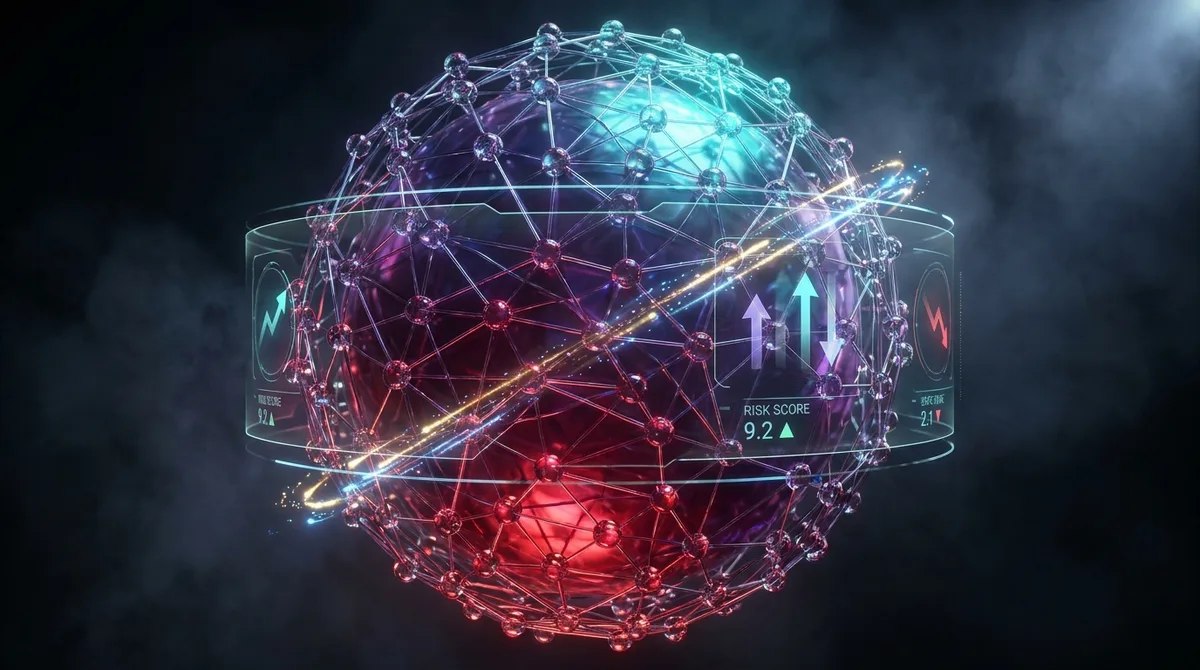 A glowing digital sphere visualizes a network of connections and risk score for ai governance.