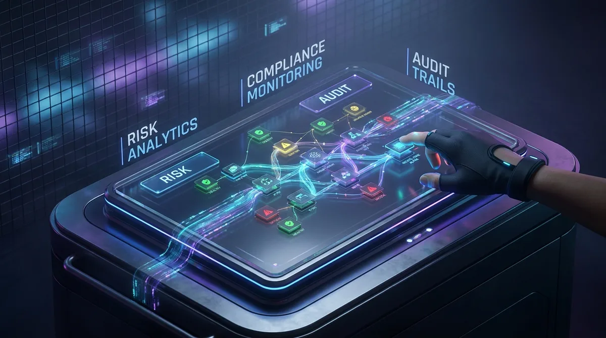 A person uses a digital interface for risk analytics and compliance monitoring, supporting ai governance.